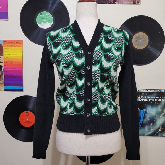 Odelon | Vintage Green and Black Patterned Cardigan - Picture 1 of 6